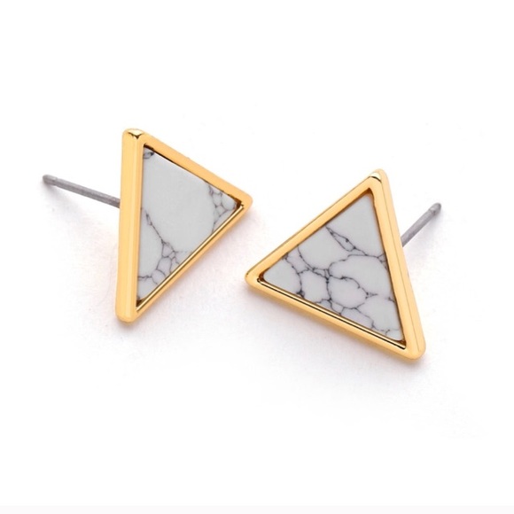 White Marble Triangle Gold Earrings - Picture 3 of 7